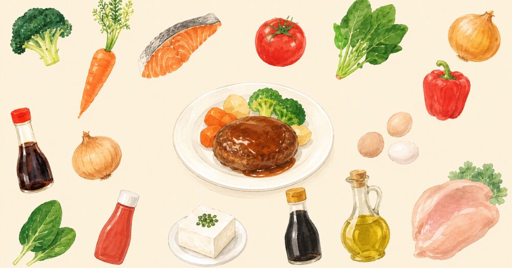 栄養のある食材とハンバーグのイラスト
