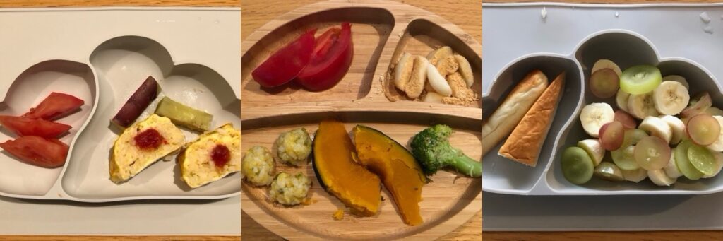 双子BLWで最初にあげた食材：トマトやさつまいも、カットしたパンやバナナなど